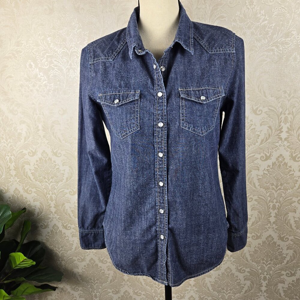 Rocks & Indigo Size Small Blue Denim Shirt Pearl Snap Front Long Sleeve Western